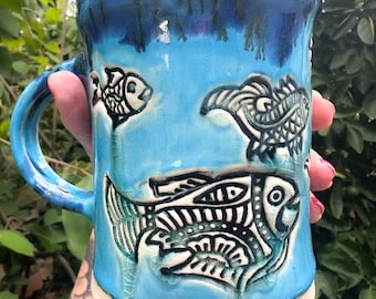 Fish One of A Kind Hand-built Stoneware Mug 18 ounces