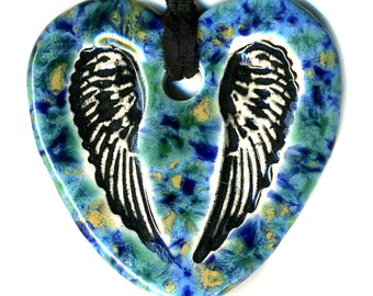 Heart with Wings Ceramic Necklace in Speckled Blue