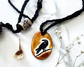 Black Crow Convertible Adjustable Braided Hemp and Ceramic Boho Necklace