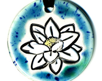 White Lotus Flower Ceramic Necklace in Blue Green