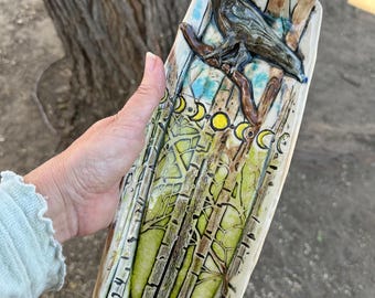 Hand-built Stoneware Incense Burner with Crow and Phases of the Moon and Trees