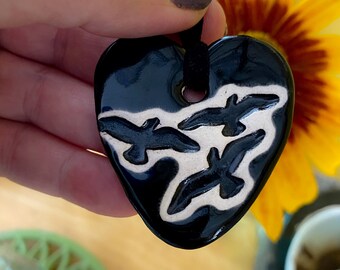 Birds in Flight Heart Ceramic Necklace in Black