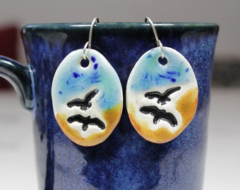 Four Birds in Flight Ceramic Earrings