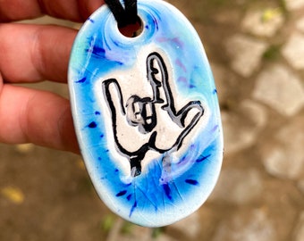 I love You in Sign Language Ceramic Necklace in Blue