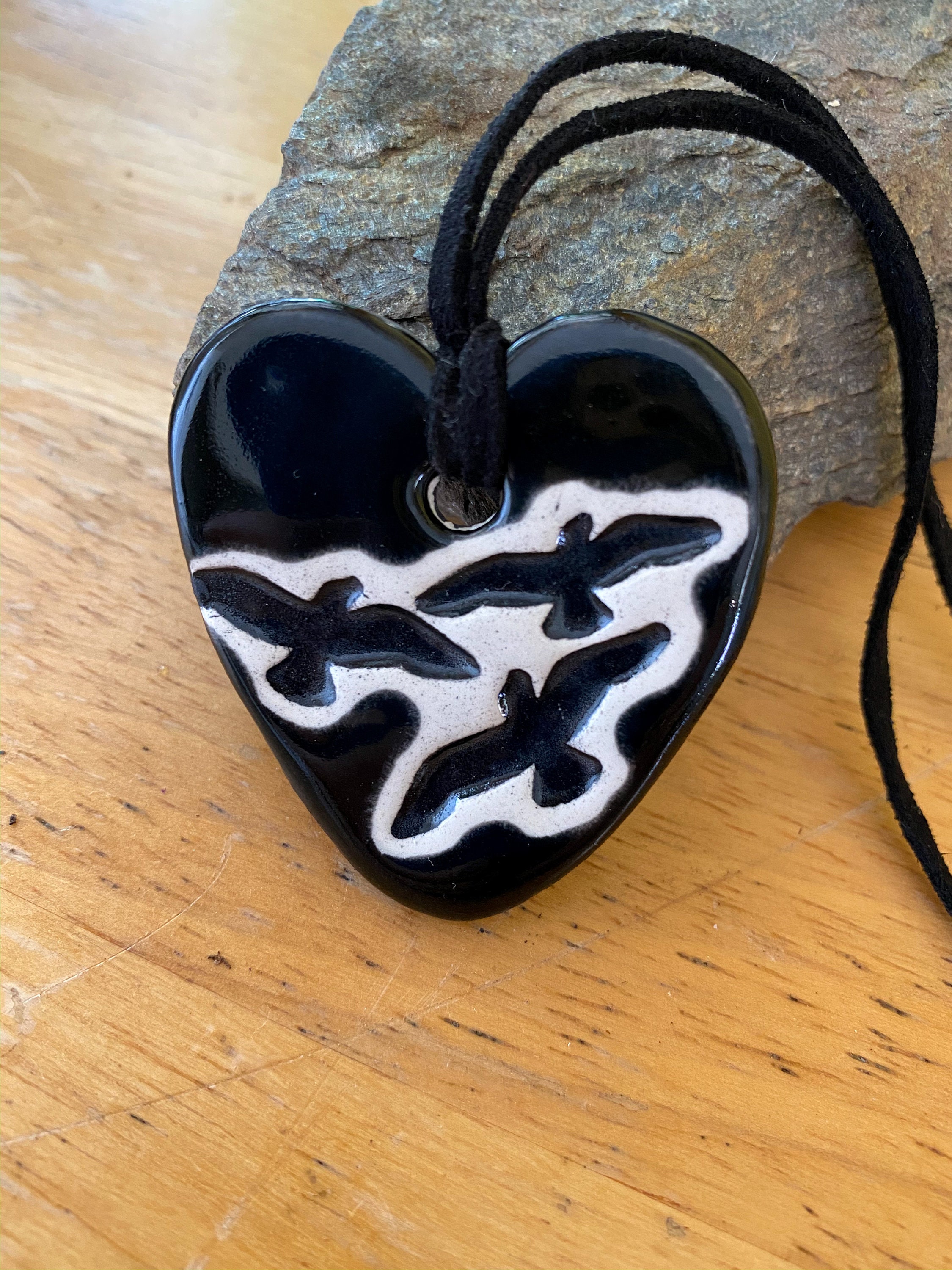 Birds in Flight Heart Ceramic Necklace in Black