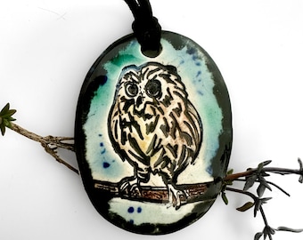 Baby Owl Ceramic Necklace in Black and Blue