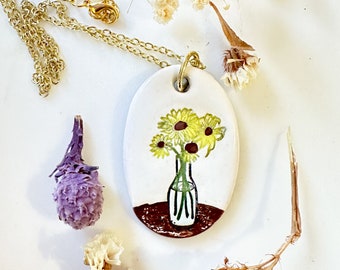 Daisies in a Vase  Handmade Ceramic Necklace with Chain