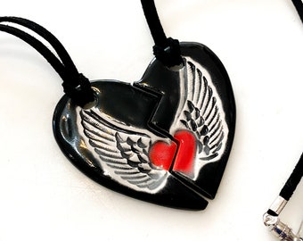 Best Friend Ceramic Heart Necklace Set in Black