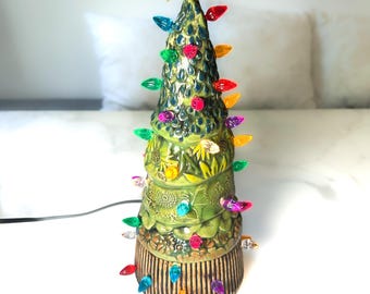 Light Up Ceramic Flower Garden Themed Holiday Tree Hand-built Stoneware OOAK