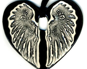 Cloaked Wing Heart Ceramic Necklace in Black