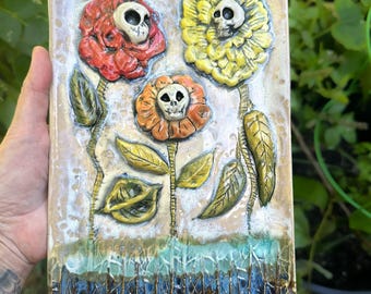 Skull Flowers Decorative Stoneware Hand Built Tray one-of-a-kind