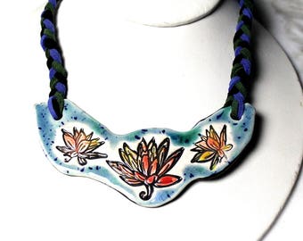 Lotus Flower Ceramic Necklace with Adjustable Length Braided Cord