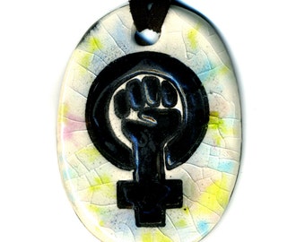 Rainbow Feminist Symbol Ceramic Necklace In Rainbow Cracle