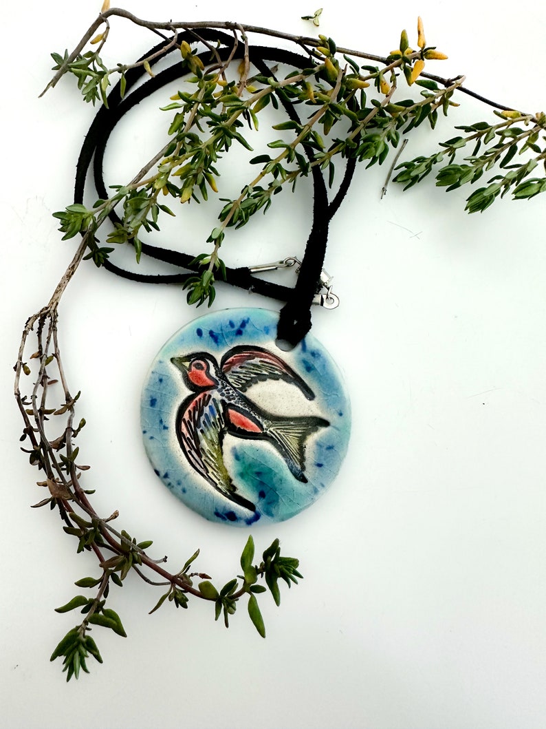 Swallow Ceramic Necklace in Blue image 3