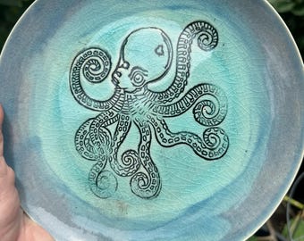 Octopus 8 inch Stoneware Hand Built Plate one-of-a-kind