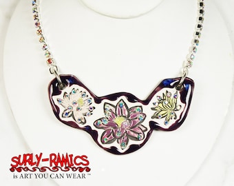 Lotus Flower Sparkle Surly Ceramic Necklace With Rhinestone Chain In Dark Purple
