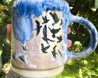 Blackbirds in Flight One of A Kind Hand-built Stoneware Mug 20 ounces
