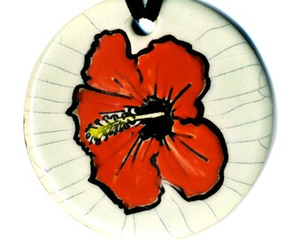 Hibiscus Flower Ceramic Necklace in Antique Crackle