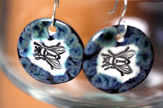 Fly Ceramic Earrings in Iridescent Black Etsy
