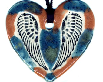 Heart with Wings Ceramic Necklace in Orange and Blue