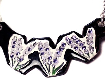 Lavender Flower Sparkle Surly Ceramic Necklace With Rhinestone Chain