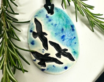 Birds in Flight Ceramic Necklace in  Blue