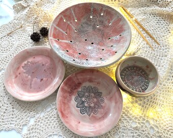 Hand-built Stoneware Pink Strawberry Glaze Pottery Set
