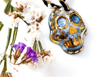 Stoneware Skull Pendant with Real Gold and Braided Cord