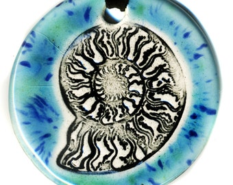 Ammonite Fossil Ceramic Necklace in Blue