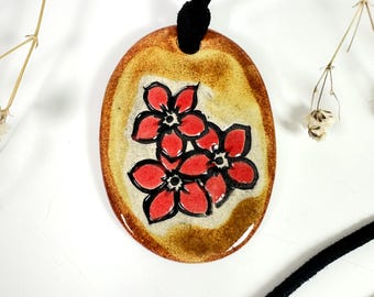 Red Cherry Blossom Ceramic Necklace in Earth-Tones