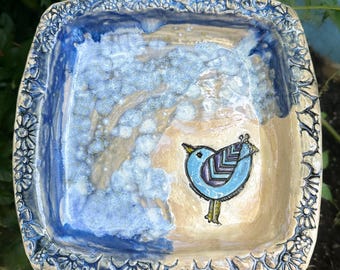 Blue Bird Hand-Built Stoneware Casserole Dish