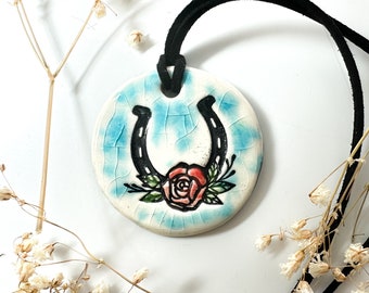 Lucky Horseshoe Ceramic Necklace in Blue Crackle
