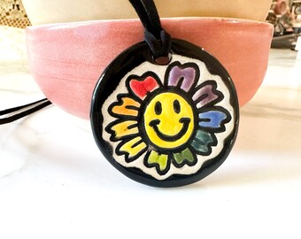 Happy Rainbow Daisy Ceramic Necklace version 2