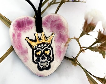 22k Gold Detailed Skull with Crossbones Ceramic Pendant Necklace