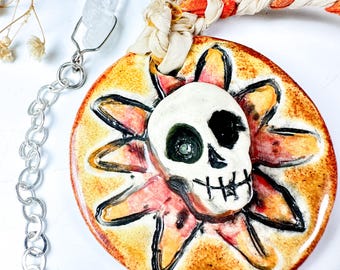 Sculpted Ceramic Skull Necklace with Silk and Crystal
