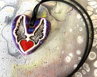 Heart with Wings Ceramic Necklace in Purple