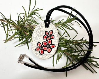 Red Cherry Blossom Handmade Ceramic Pendant Necklace