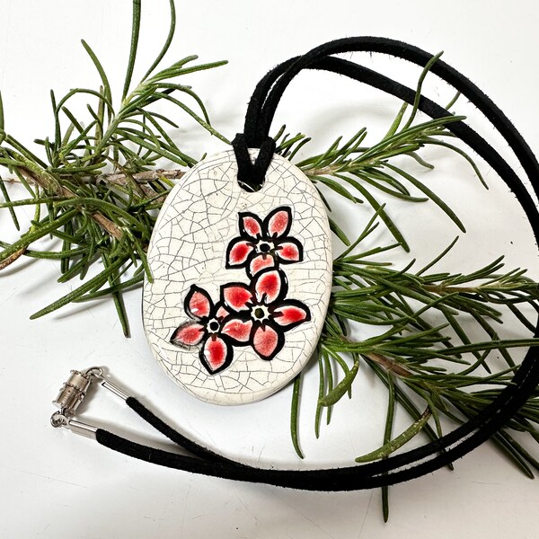 Red Cherry Blossom Handmade Ceramic Pendant Necklace