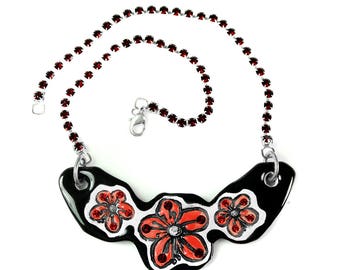 Cherry Blossom Sparkle Surly Ceramic Necklace with Red Rhinestone Chain