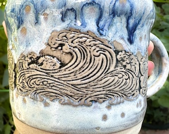 Ocean Wave One of A Kind Hand-built 18 ounce Stoneware Mug