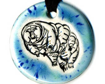 Tardigrade or Water Bear Ceramic Necklace in Blue Green