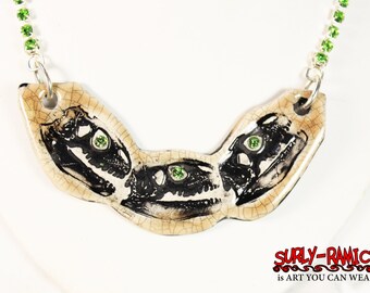 Dinosaur Skull Fossil Sparkle Surly Ceramic Necklace With Rhinestone Chain