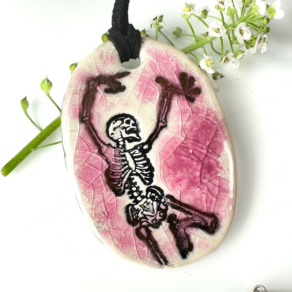 Dancing Skeleton Ceramic Necklace in Pink
