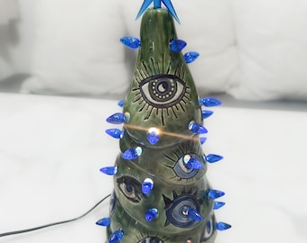 Light Up Ceramic Evil Eye Holiday Tree Hand-built Stoneware OOAK