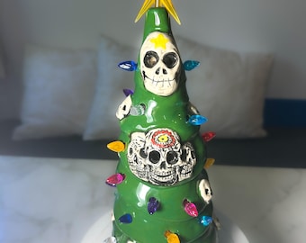 Light Up Ceramic Halloween Holiday Tree Hand-built Stoneware Skull Theme OOAK