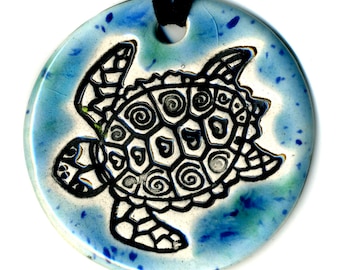 Sea Turtle Ceramic Necklace in Blues
