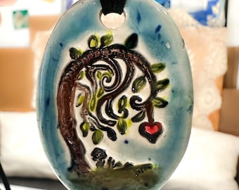 No Longer Weeping Willow Tree Ceramic Necklace in Blues