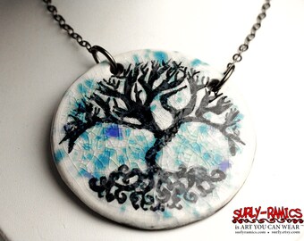 Tree Above and Below Ceramic Necklace in Blue Crackle with Chain