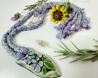 Layered Necklace with Silk, Amethyst Crystal and Handmade Ceramic Pendant