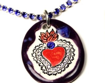 Sacred Heart Sparkle Surly Necklace with Swarovski Crystals in Purple and Blue  Glaze with Sapphire Blue Rhinestone Chain